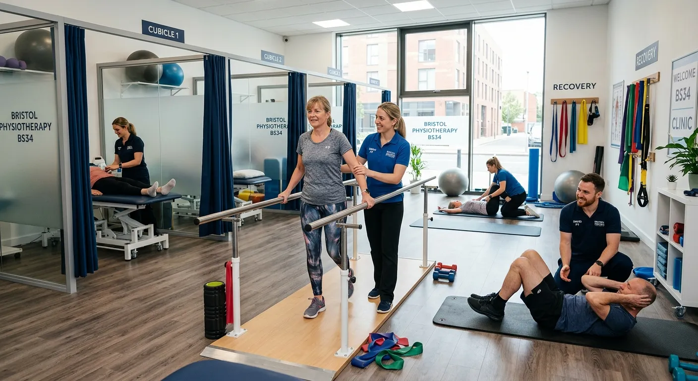 Modern physiotherapy clinic in Bristol BS34 with treatment cubicles, exercise mats, parallel bars, and a friendly team supporting a patient recovery session.