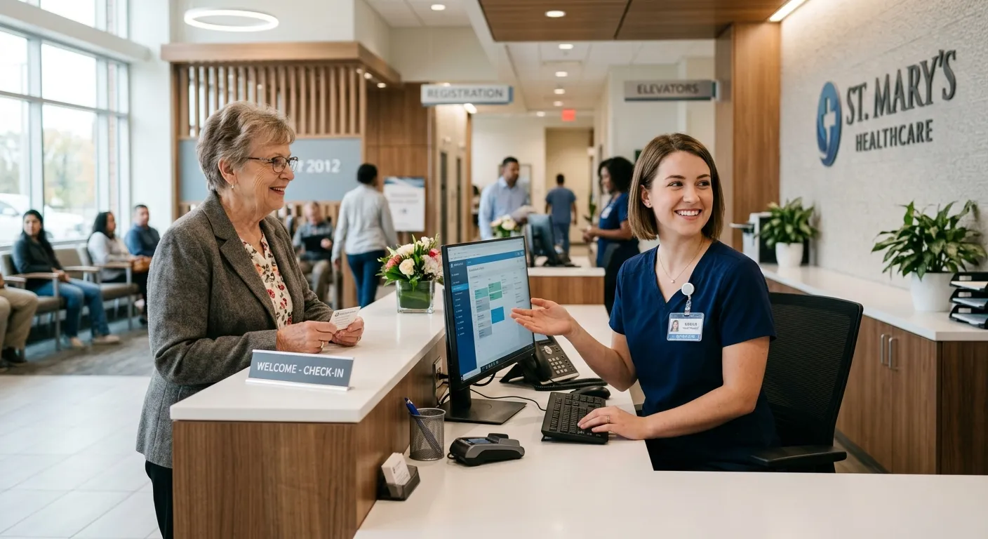 A professional, welcoming hospital receptionist in a modern healthcare setting, smiling and assisting a patient at a clean, organized front desk. Mood: competent, calm, and trustworthy.