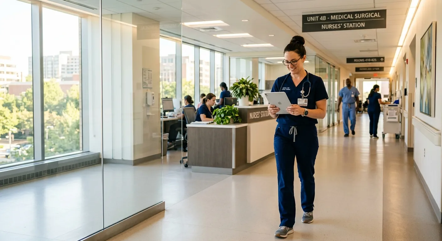 A professional travel nurse in scrubs reviewing patient notes on a digital tablet in a modern hospit... A professional travel nurse in scrubs reviewing patient notes on a digital tablet in a modern hospital corridor, morning light streaming through windows.