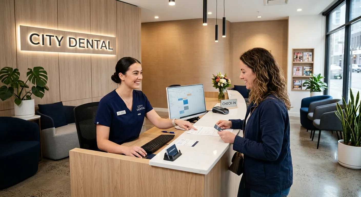 A professional, high-contrast photo of a modern dental clinic reception area. A friendly, professional dental receptionist is smiling and assisting a patient at the desk. The mood is welcoming, efficient, and healthcare-focused.