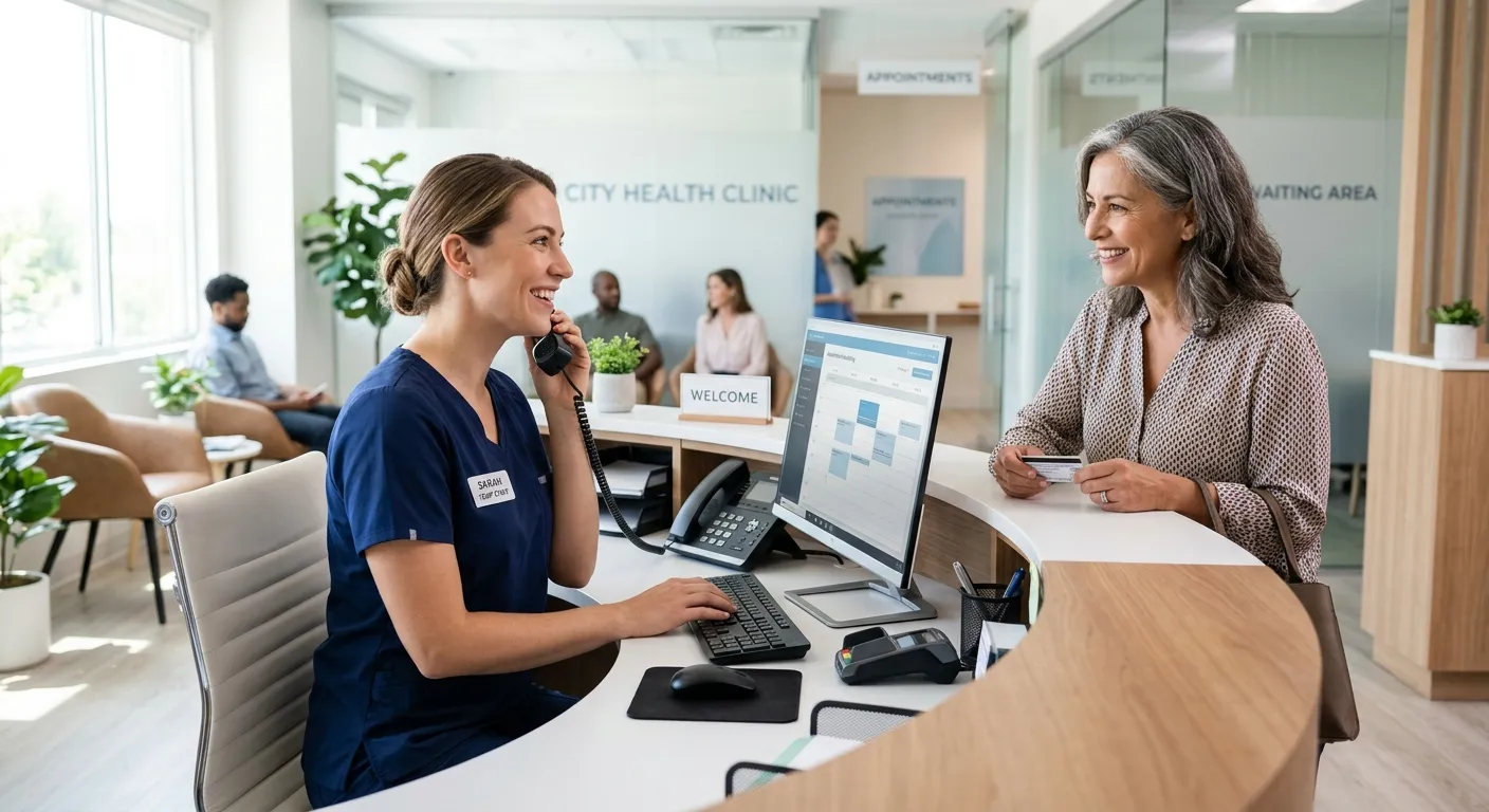 Modern, professional healthcare reception area. A friendly, professional temporary medical receptionist smiles while helping a patient at a front desk with a computer and phone. Bright, clean, and welcoming clinic atmosphere.