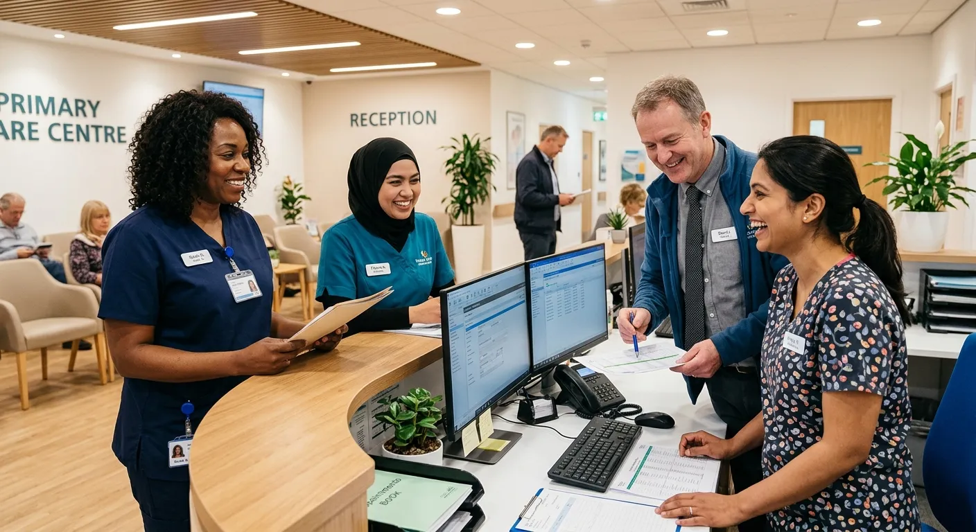 A professional, diverse team of medical receptionists in a modern GP surgery or clinic setting, smiling and collaborating. The mood is welcoming, efficient, and trustworthy.