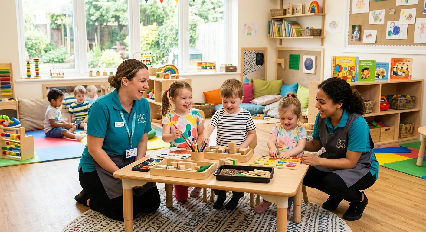 A modern, vibrant nursery setting with happy, engaged children and professional early years practitioners interacting, shot in a bright, natural light style.