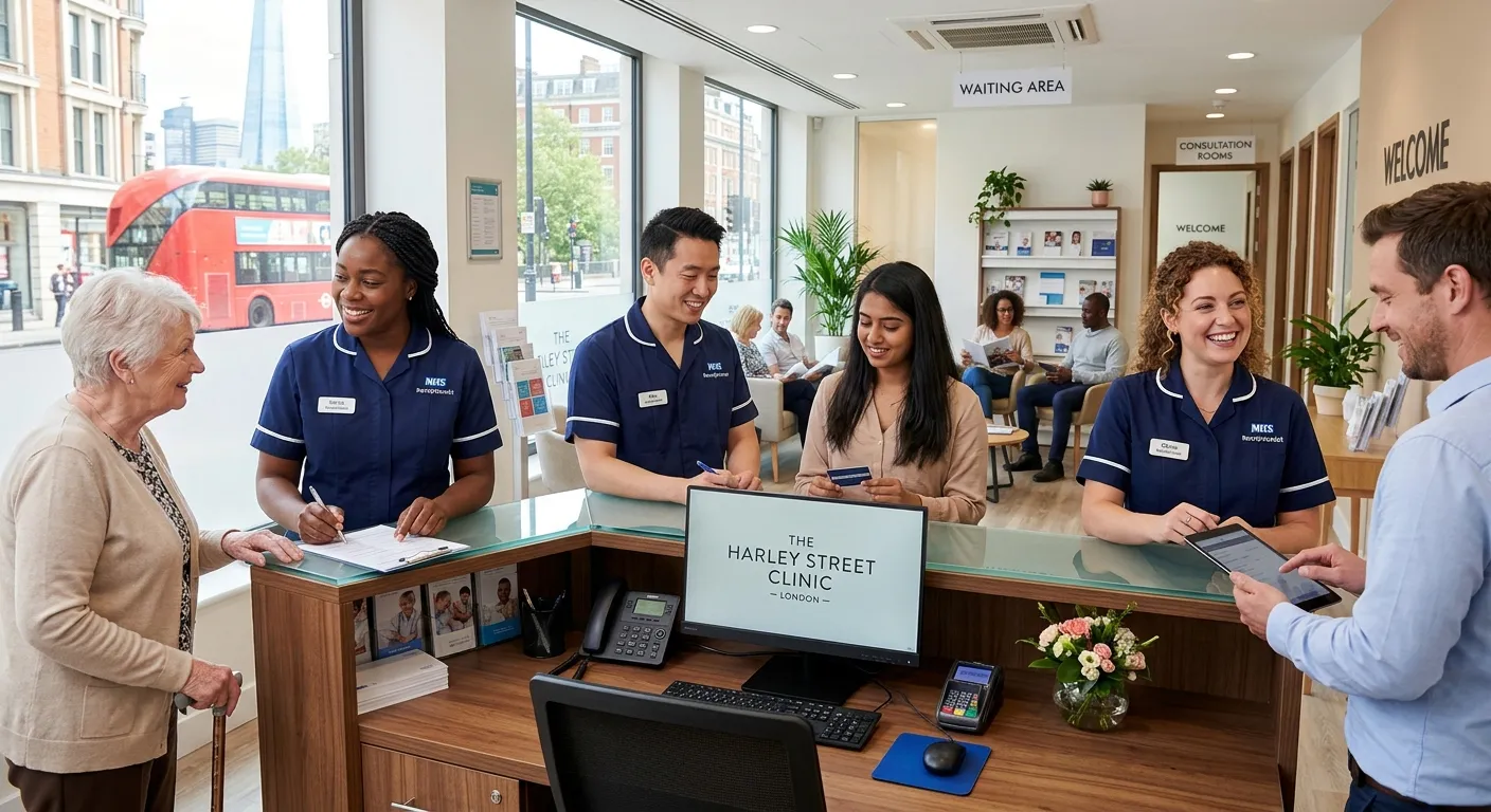 A professional, well-lit photo of a friendly, diverse medical receptionist team at a modern London c... A professional, well-lit photo of a friendly, diverse medical receptionist team at a modern London clinic reception desk. They are smiling and assisting patients, with a clean, organized, and welcoming healthcare environment in the background. Style: Professional healthcare, warm and trustworthy.