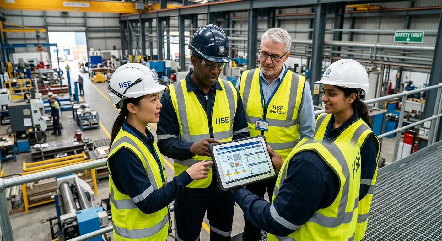 A diverse group of professional Health and Safety Officers in a modern office or industrial setting, reviewing safety plans on a tablet, looking engaged and authoritative. Style: Professional, high-resolution, confident mood.