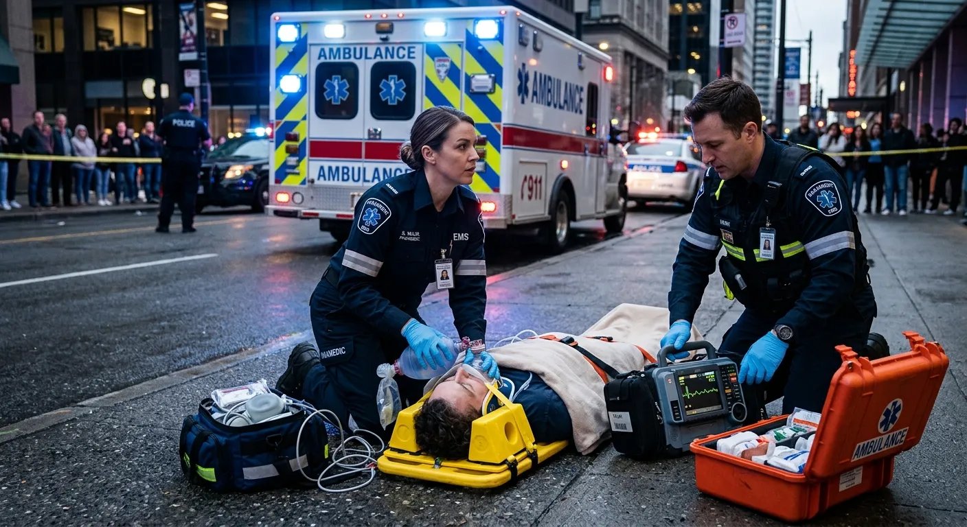 A paramedic team in action, providing emergency care in a professional, high-stakes environment. Style: Modern, dynamic, respectful. Mood: Urgent, competent, and trustworthy.