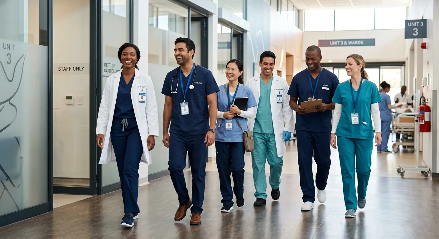 A diverse, professional team of healthcare workers in scrubs and lab coats walking confidently down a modern hospital corridor, smiling. Style: Authentic, high-resolution, professional stock photo. Mood: Trustworthy, capable, and efficient.