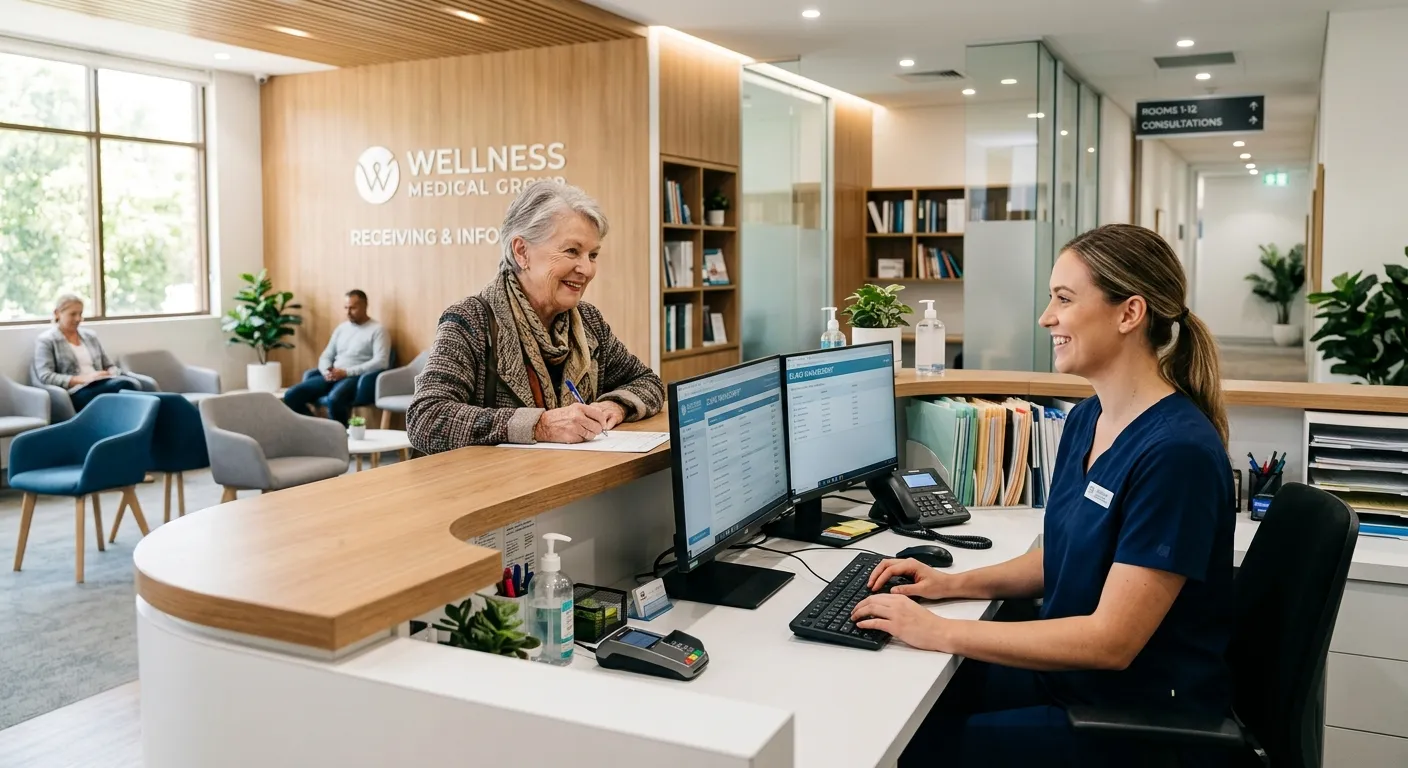 A modern, bright, and professional medical clinic reception area. A friendly, well-dressed medical receptionist smiles while assisting a patient at a sleek front desk, with a computer monitor and organized files visible. The mood is efficient, welcoming, and trustworthy.