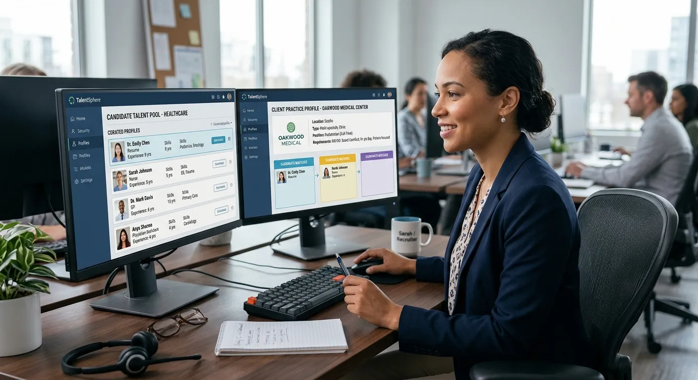 A professional recruiter at a dual-monitor workstation, showing a curated list of candidate profiles... A professional recruiter at a dual-monitor workstation, showing a curated list of candidate profiles on one screen and a detailed practice profile on the other, visually representing the matching process.