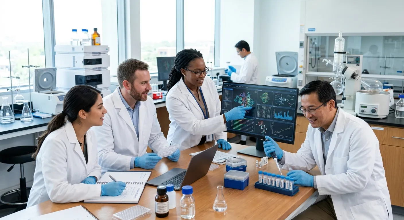 A professional, high-resolution image of a diverse team of pharmaceutical scientists and researchers... A professional, high-resolution image of a diverse team of pharmaceutical scientists and researchers in a modern, bright laboratory setting, collaborating over data and samples. Style: Professional, inspiring, and focused. Mood: Innovative, precise, and trustworthy.