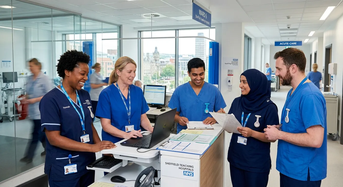 A professional, diverse group of nurses in a modern Sheffield hospital setting, smiling and collabor... A professional, diverse group of nurses in a modern Sheffield hospital setting, smiling and collaborating. Bright, clean, and welcoming atmosphere, conveying trust and competence.