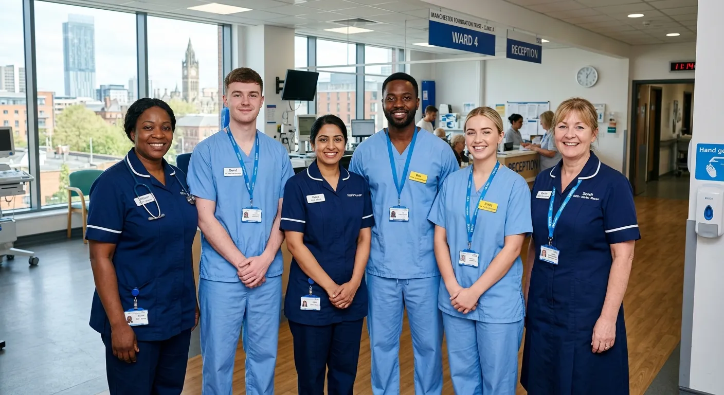 A diverse, professional group of healthcare workers, including Nursing Assistants and a Nurse (Registered/RGN), smiling in a bright, modern clinic or hospital setting in Manchester. Style: professional, warm, trustworthy, high-resolution. Mood: competent, caring, and team-oriented.