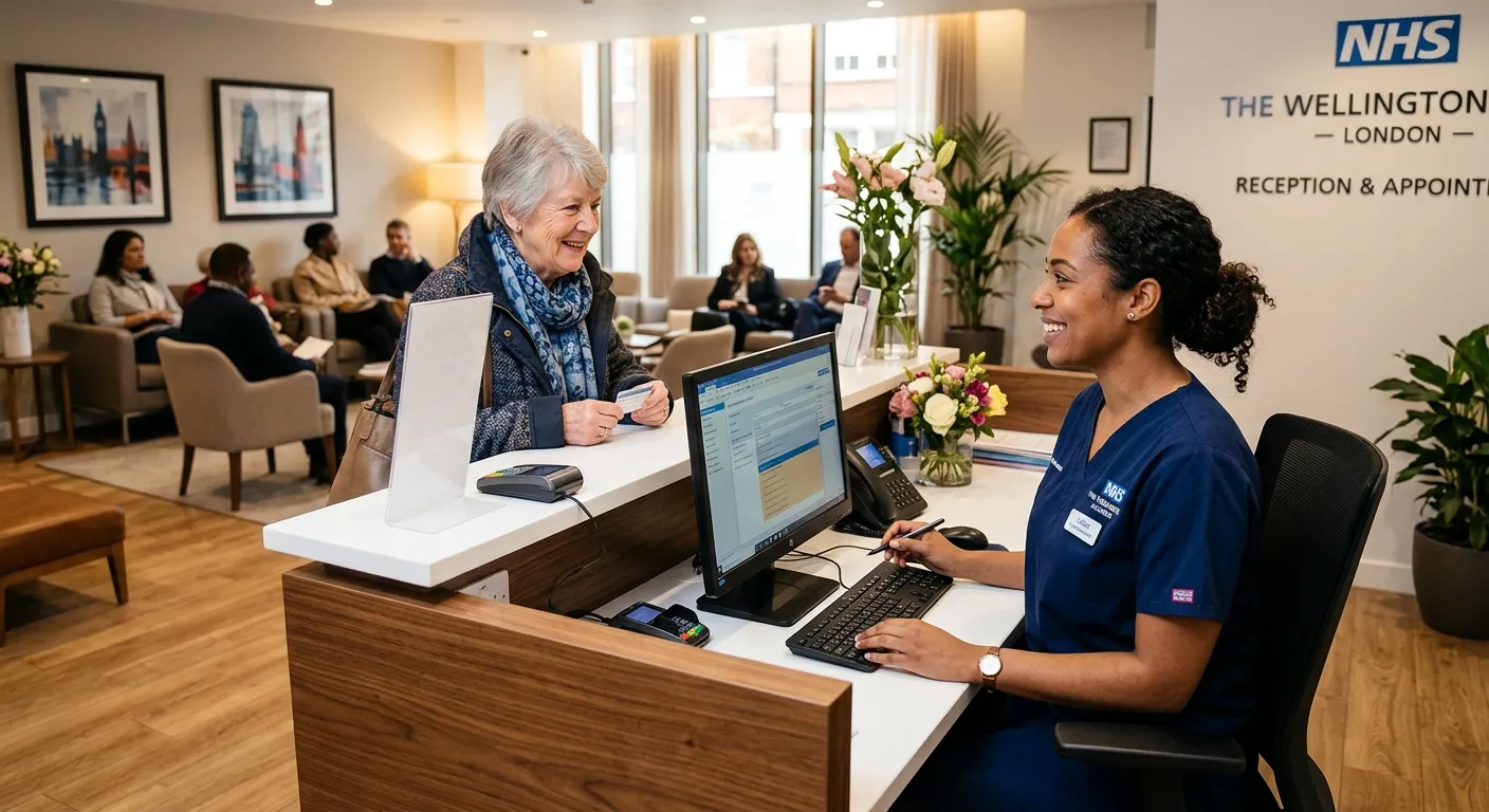 A professional, friendly medical receptionist in a modern London clinic, smiling while helping a patient at a sleek front desk, with a blurred background of a comfortable waiting area.
