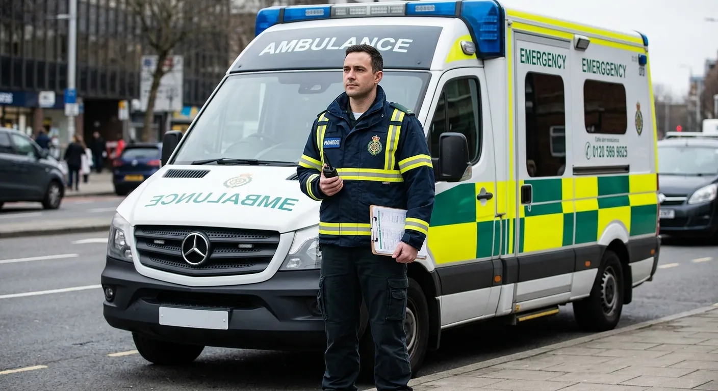 A professional paramedic in high-visibility uniform, looking focused and capable, standing by a mode... A professional paramedic in high-visibility uniform, looking focused and capable, standing by a modern ambulance. The mood is authoritative, competent, and trustworthy.