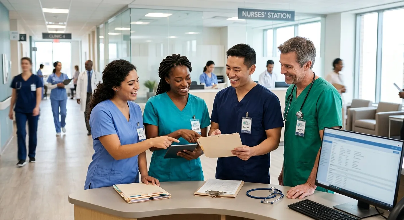 A diverse, professional team of Healthcare Assistants in a modern clinic setting, smiling and collaborating. Style: Warm, authentic, high-resolution professional photography. Mood: Trustworthy, competent, and compassionate.
