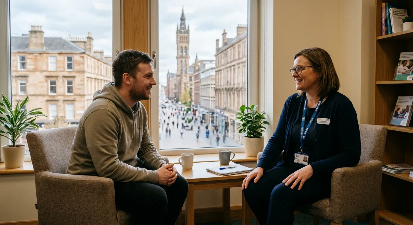 A professional, compassionate photo of a Mental Health Support Worker in a healthcare setting in Gla... A professional, compassionate photo of a Mental Health Support Worker in a healthcare setting in Glasgow, interacting warmly with a client. The image should convey trust, professionalism, and the local urban environment of Glasgow G1.