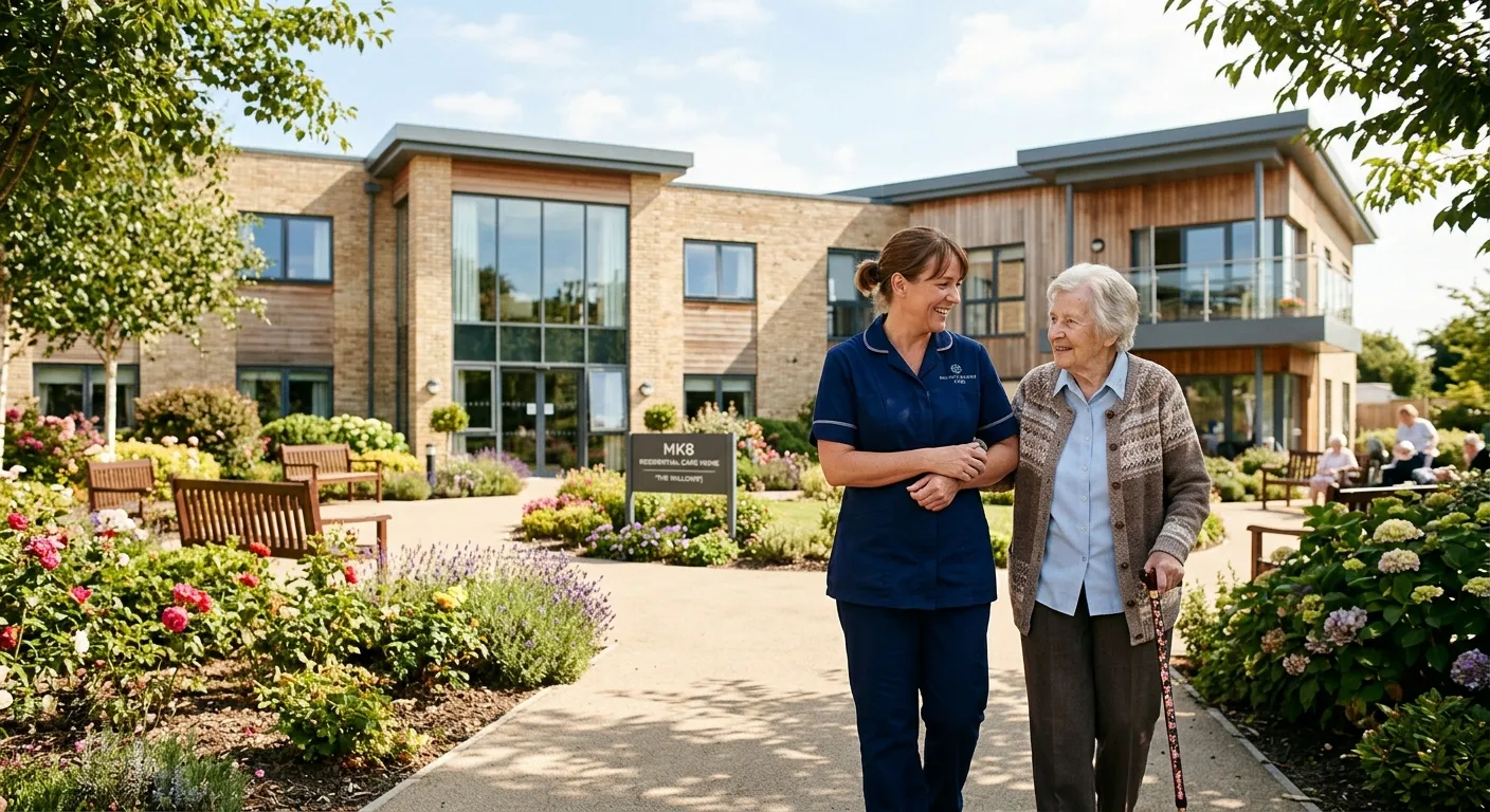 A modern, sunlit residential care home in the Milton Keynes MK8 area, showing a friendly carer walki... A modern, sunlit residential care home in the Milton Keynes MK8 area, showing a friendly carer walking with a resident in a well-maintained garden.