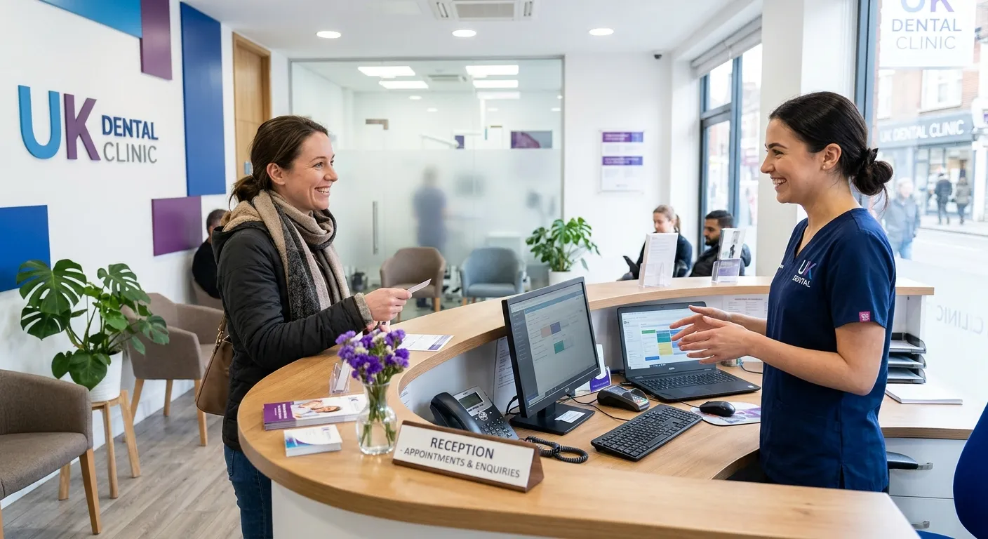 Professional medical reception desk scene with a friendly front desk dental receptionist greeting pa... Professional medical reception desk scene with a friendly front desk dental receptionist greeting patients in a modern UK clinic, bright natural light, blue and purple accents, clean healthcare environment, high resolution, editorial style