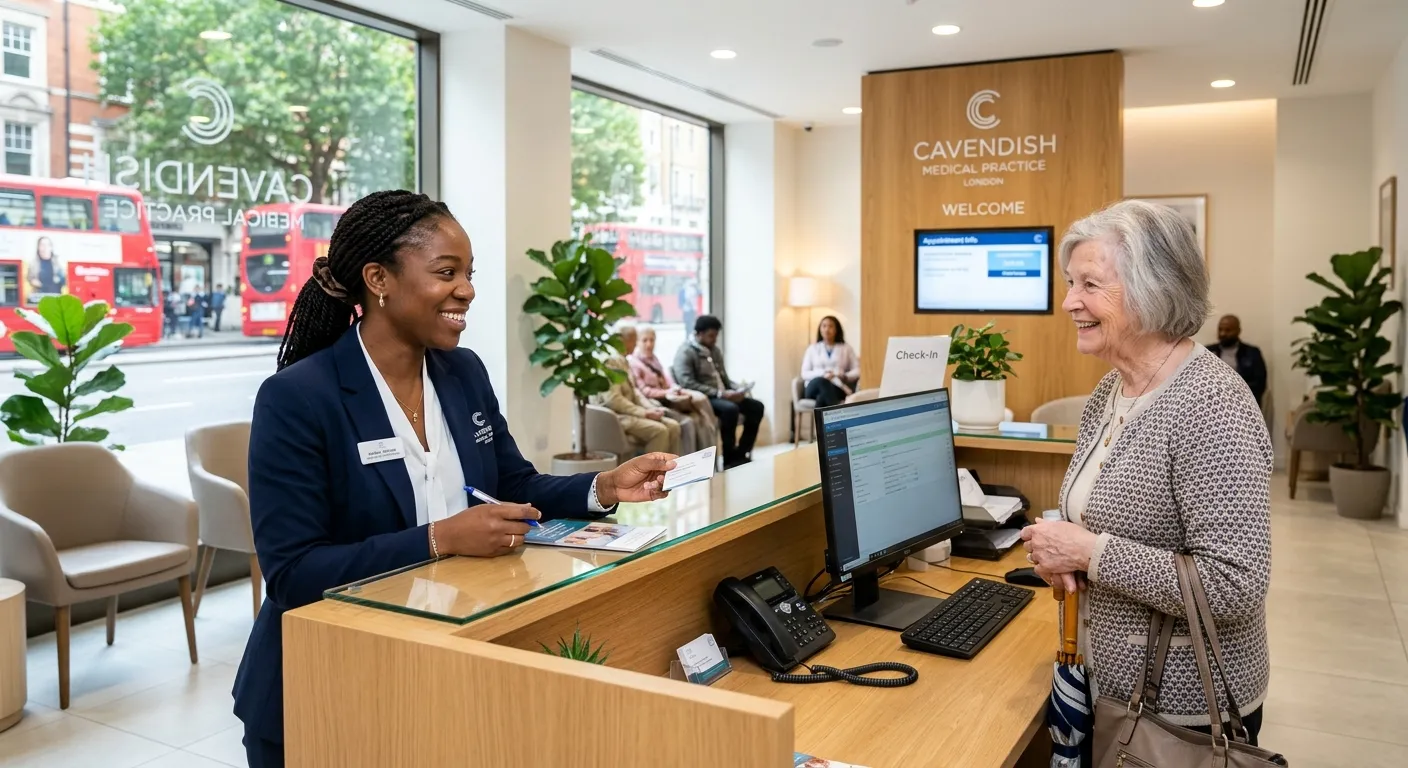 A professional, friendly medical receptionist in a modern London clinic reception area, smiling while assisting a patient. The style should be bright, sharp, and convey a sense of calm efficiency.