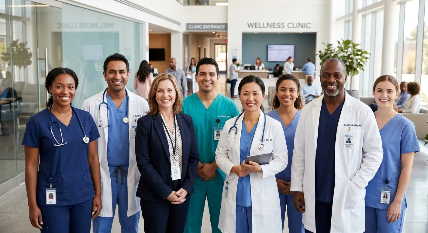 A diverse, professional group of healthcare workers - including nurses, doctors, and administrative staff - smiling confidently in a modern clinic or hospital setting. Style: High-quality, bright, and welcoming professional photography. Mood: Trustworthy, competent, and collaborative.