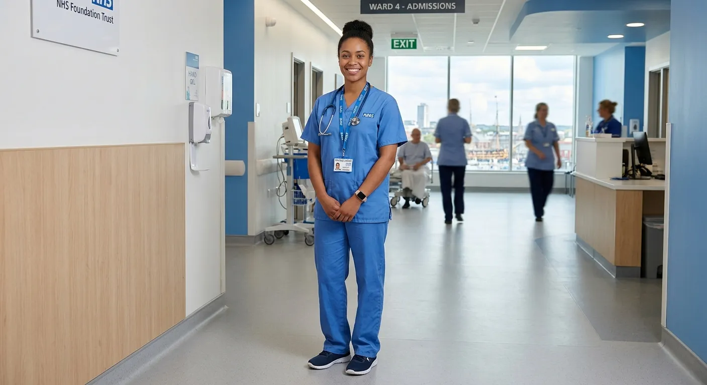 A confident professional Travel Nurse wearing NHS-style scrubs and a lanyard, standing in a modern Portsmouth hospital corridor with natural daylight, clean healthcare environment, welcoming and trustworthy mood