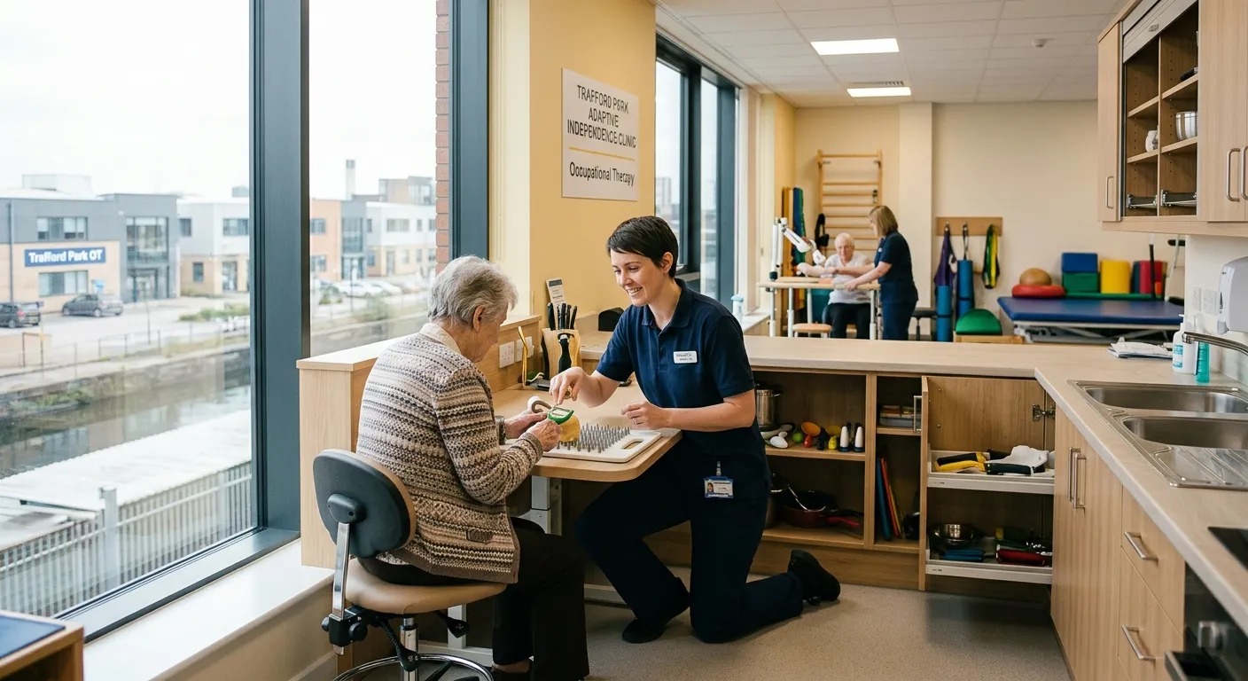 A modern, well-equipped occupational therapy clinic in Trafford Park, showing an OT working with a patient on kitchen adaptations, with natural light and adaptive equipment visible