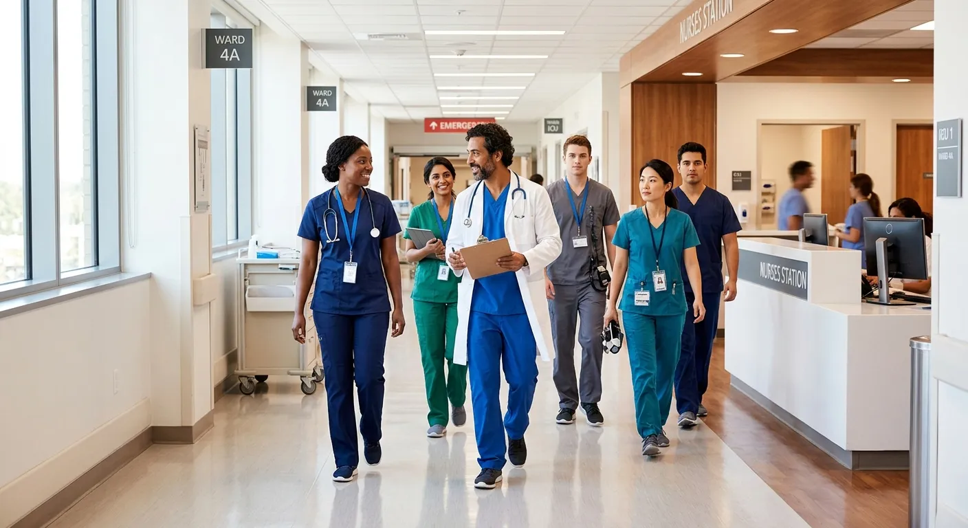 A modern, well-lit hospital corridor with a diverse group of medical professionals (nurses, doctors,... A modern, well-lit hospital corridor with a diverse group of medical professionals (nurses, doctors, technicians) walking purposefully, conveying a sense of readiness, expertise, and collaborative energy. Style: Professional healthcare photography, high contrast, warm tones.