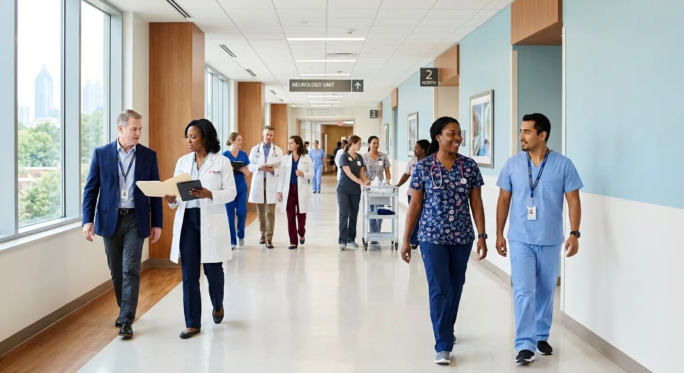 A bright, modern Atlanta hospital corridor with diverse healthcare professionals, nurses, therapists... A bright, modern Atlanta hospital corridor with diverse healthcare professionals, nurses, therapists, and administrators moving confidently; professional editorial style, soft natural light, calm blue and white color palette, high-contrast text-safe composition