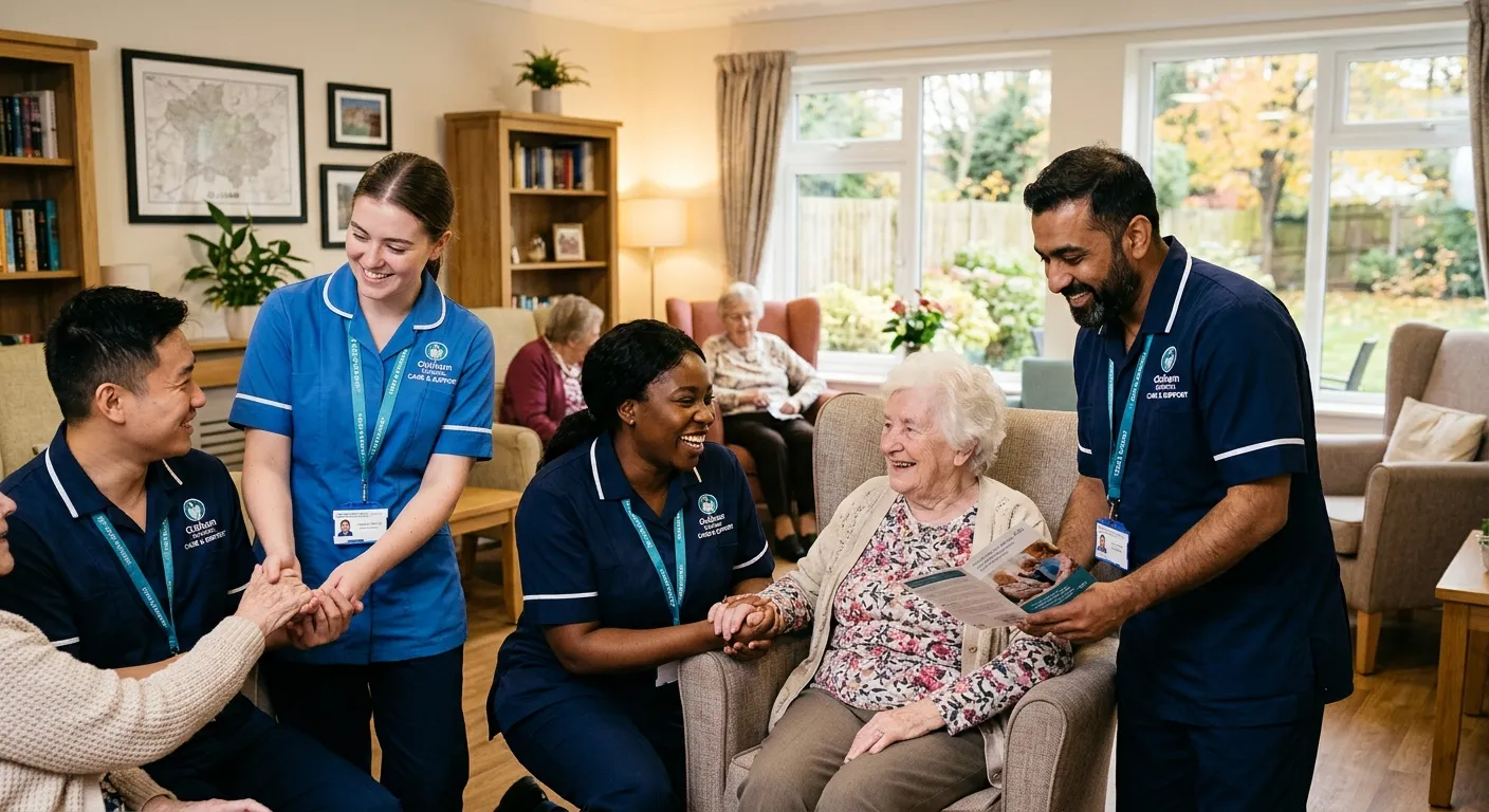 A diverse group of friendly, professional Support Workers in Oldham, wearing branded uniforms, helpi... A diverse group of friendly, professional Support Workers in Oldham, wearing branded uniforms, helping a senior resident in a bright, homely care setting. Style is authentic, warm, and professional.