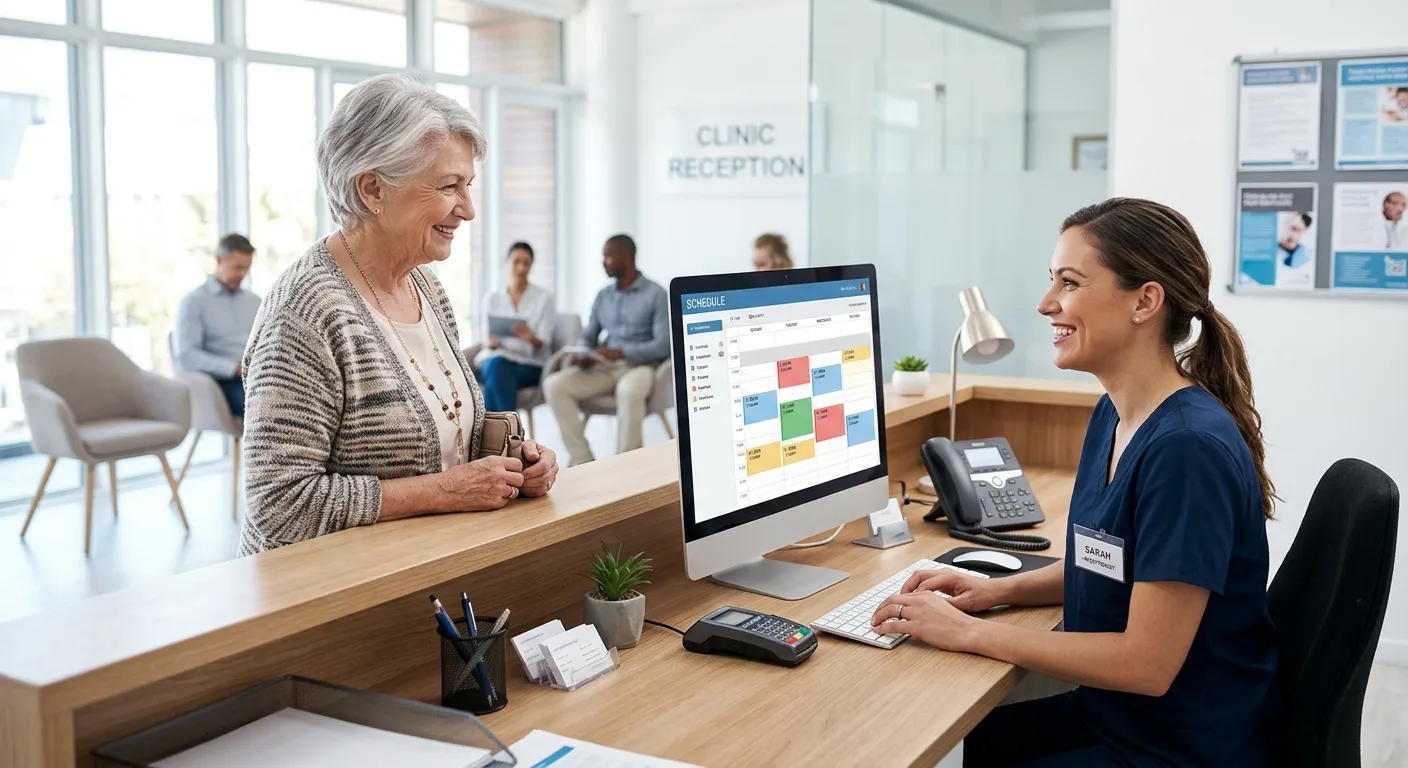 A professional Medical Receptionist in a bright clinic setting, smiling while helping a patient at the front desk, with a computer screen showing appointment scheduling software visible.