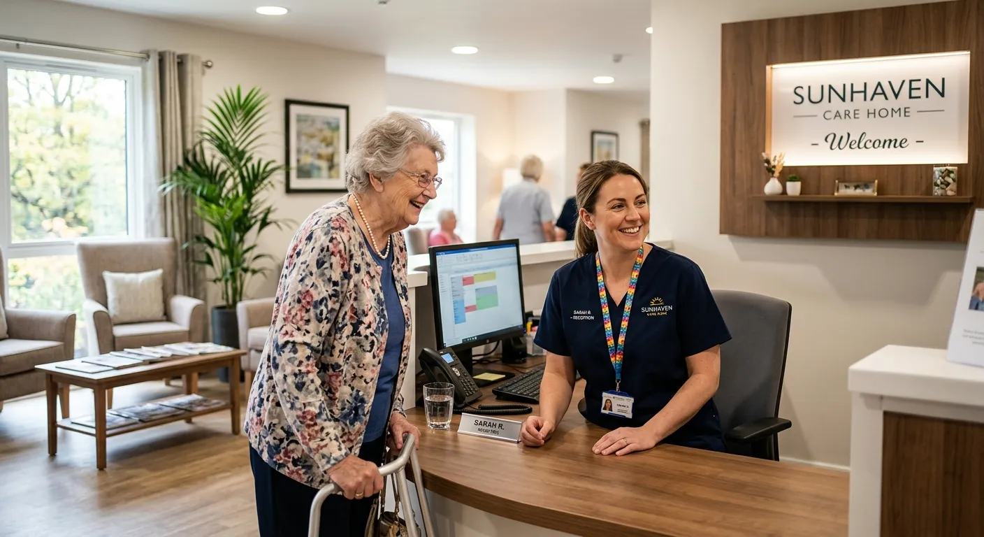 A warm, professional photo of a smiling Nursing Home Receptionist in a modern care facility reception area, wearing a lanyard, speaking kindly to an elderly resident. Style: Authentic, high-resolution, welcoming mood.