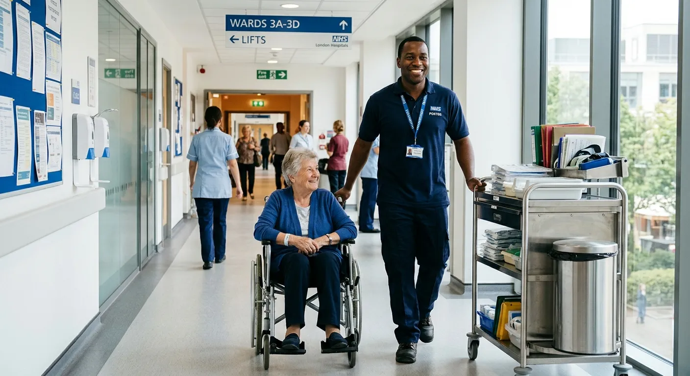 A confident hospital porter pushing a wheelchair and a medical trolley through a bright, clean London hospital corridor, realistic professional healthcare staffing scene, calm and trustworthy mood, natural daylight, modern NHS-style setting