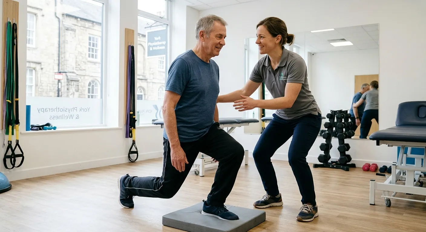 A professional, friendly physiotherapist in a modern clinic setting in York, assisting a patient with a rehabilitation exercise. The image should convey competence, care, and a positive clinical environment.