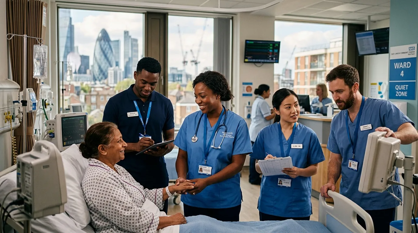 A professional, high-contrast hero image depicting a diverse team of skilled nurses and healthcare assistants in a modern East London hospital or clinic setting. They are engaged in collaborative, compassionate care. The style should be warm, professional, and inspiring.