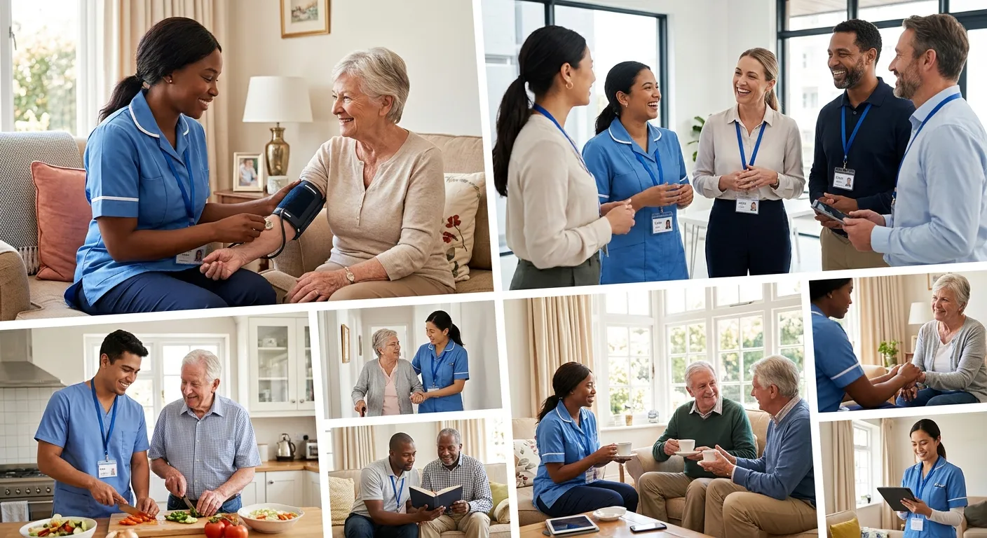A modern, professional collage of photos showing diverse, compassionate caregivers in various home care settings. The style is warm and authentic, featuring a nurse helping an elderly person, a friendly caregiver preparing a meal, and a team huddle. Mood is trustworthy, caring, and professional.