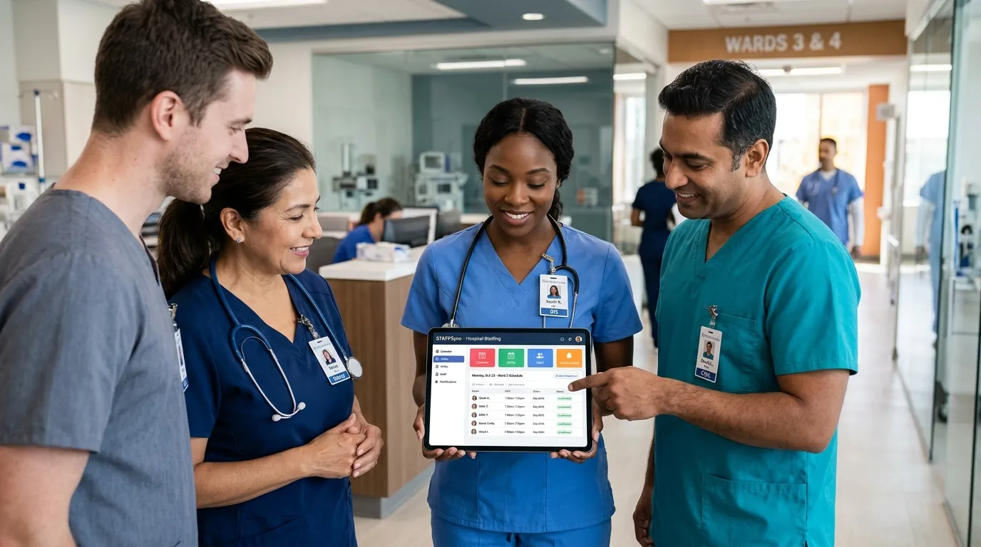 A modern, professional hero image showing a diverse group of healthcare professionals (nurses, caregivers) looking at a tablet displaying a sleek staffing app interface. The mood is efficient, collaborative, and tech-forward. Use a shallow depth of field to focus on the screen.