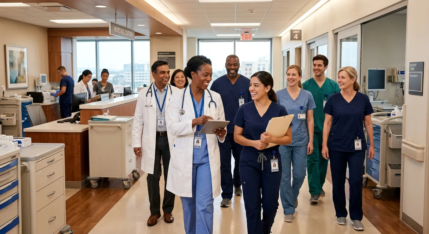 A professional, high-energy photo of a diverse team of healthcare professionals in scrubs and lab coats, smiling and collaborating in a modern, well-lit hospital corridor. Style is authentic, warm, and inspiring. Mood conveys trust, capability, and teamwork.