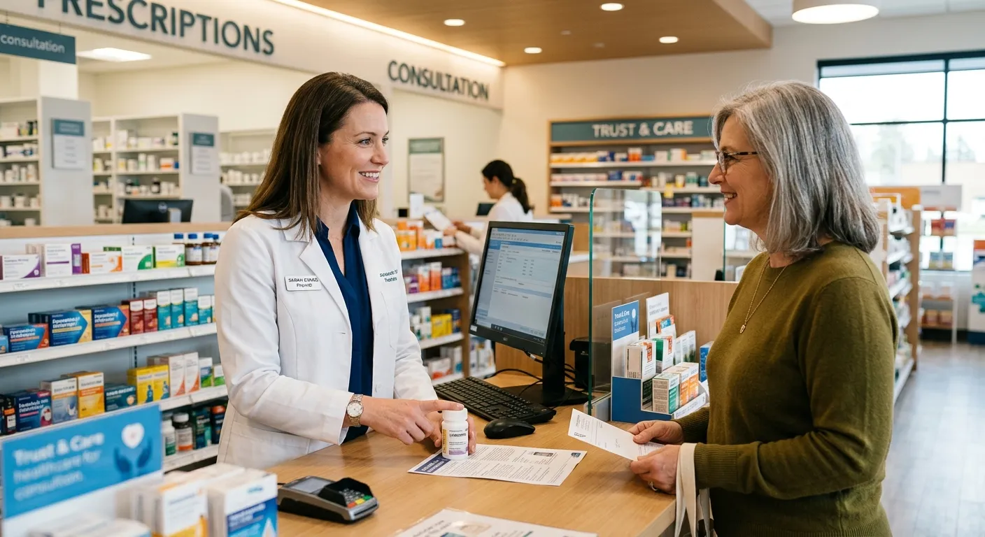 A modern, well-lit pharmacy interior with a professional pharmacist in a white coat consulting with... A modern, well-lit pharmacy interior with a professional pharmacist in a white coat consulting with a patient, creating an atmosphere of trust and expertise.