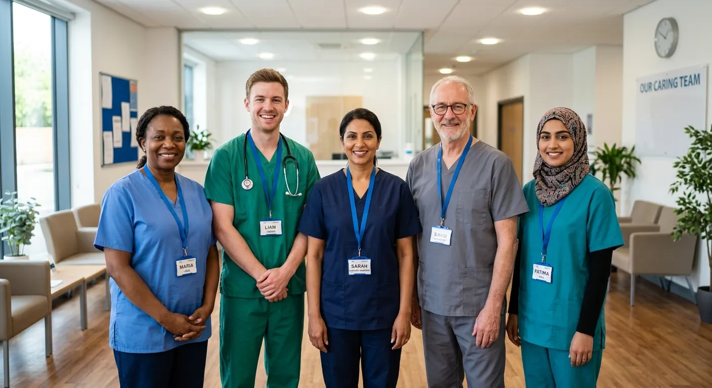 A diverse, professional group of healthcare support workers smiling confidently, standing in a bright, modern clinic or care home setting. Style: Warm, authentic, and professional. Mood: Trustworthy, compassionate, and competent.