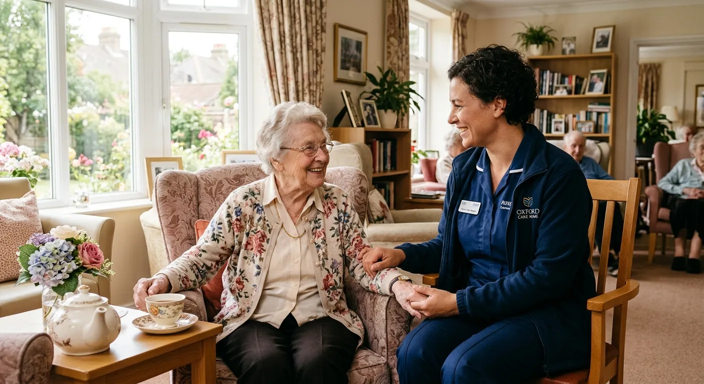A warm, professional photograph of a Care Worker in a blue uniform smiling while assisting an elderl... A warm, professional photograph of a Care Worker in a blue uniform smiling while assisting an elderly resident in a sunlit, homely care home lounge in Oxford. Style should be authentic, uplifting, and convey trust and compassion.