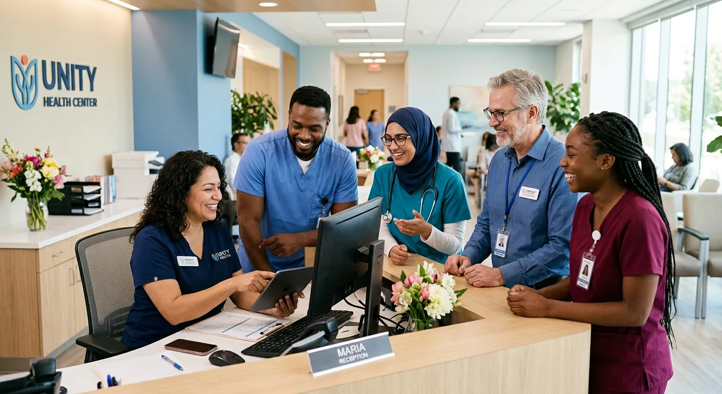 A diverse group of professional support workers and a medical office receptionist in a modern health... A diverse group of professional support workers and a medical office receptionist in a modern healthcare setting, smiling and collaborating. Bright, warm, and professional mood.