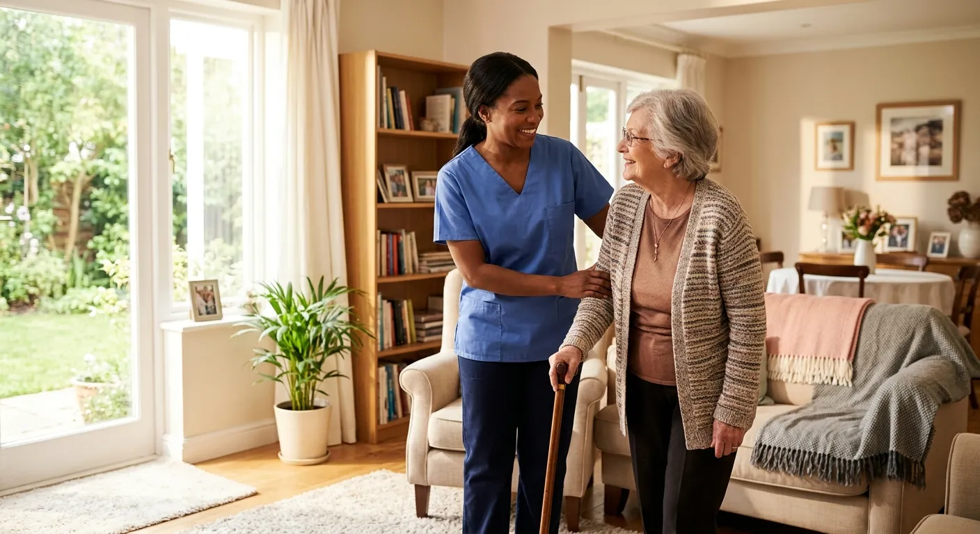A warm, professional photo of a friendly caregiver assisting an elderly person with daily living activities in a sunlit home environment. The caregiver is smiling, and the scene conveys trust, compassion, and professional care. Style: Photorealistic, bright, and inviting. Mood: Reassuring, professional, and compassionate.