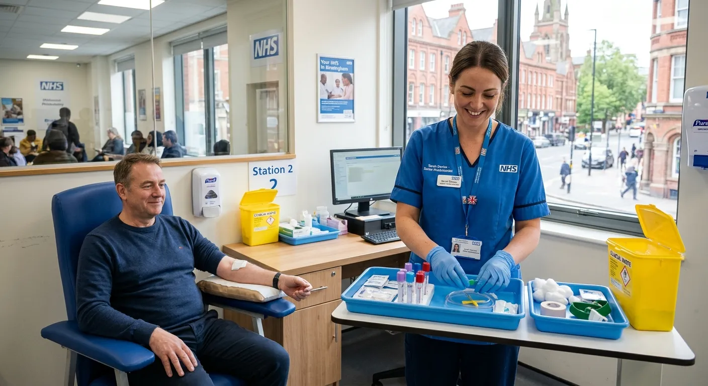 A professional, welcoming healthcare scene showing a qualified phlebotomist preparing a blood sample... A professional, welcoming healthcare scene showing a qualified phlebotomist preparing a blood sample collection tray in a bright Birmingham clinic, with a calm patient, clean medical workspace, NHS-style supplies, and a warm local community atmosphere. Modern, trustworthy, realistic, UK healthcare setting.