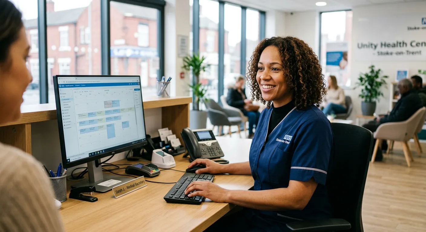 A professional, confident-looking Medical Secretary in a modern clinic setting in Stoke-on-Trent, smiling while working at a computer. The style is bright, authentic, and professional.