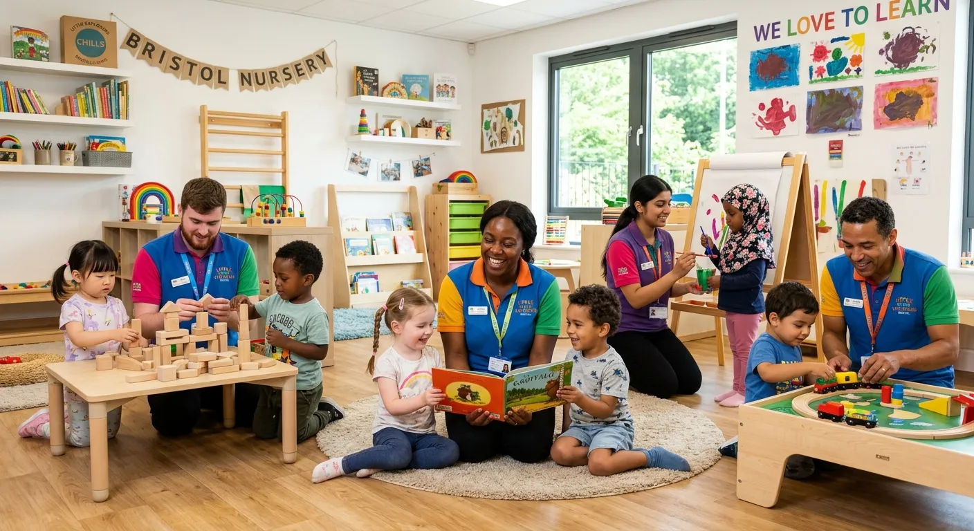 A diverse group of friendly Nursery Workers engaging with young children in a bright, modern playroom in Bristol. The image should convey warmth, professionalism, and a stimulating environment.