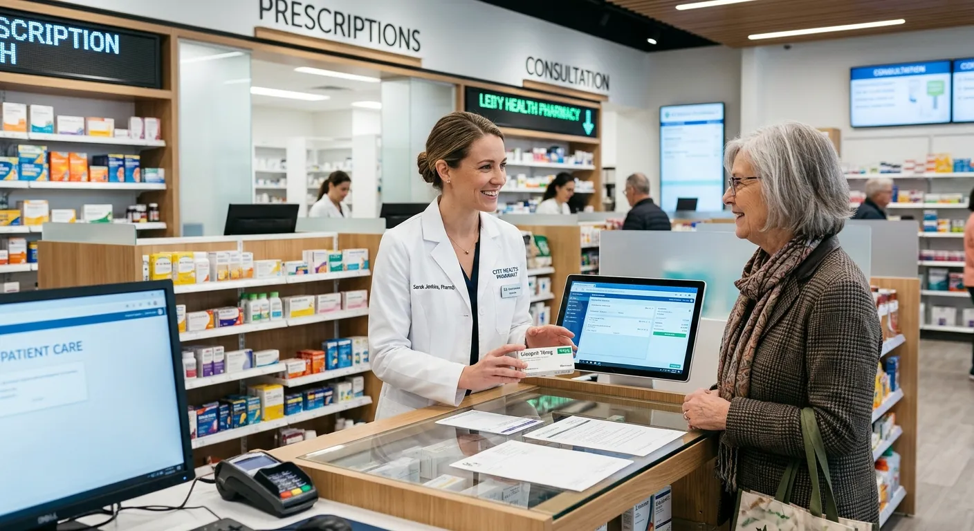 A professional, confident pharmacist in a modern pharmacy setting, smiling while consulting with a customer. The mood is trustworthy, knowledgeable, and high-tech. Style is a bright, crisp, professional photograph.