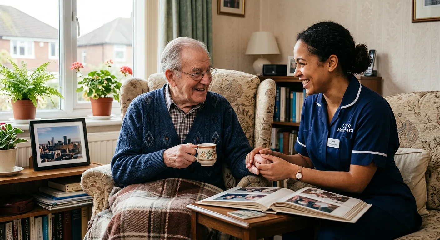 A professional, warm image of a support worker assisting an elderly client in a well-lit, comfortabl... A professional, warm image of a support worker assisting an elderly client in a well-lit, comfortable home setting in Manchester, showcasing genuine connection and high-quality care.