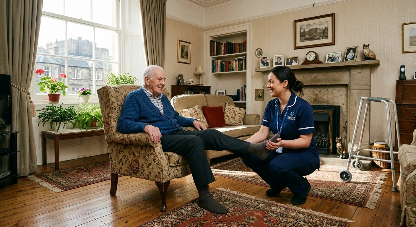 A compassionate care worker in a uniform helping an elderly gentleman with mobility exercises in a s... A compassionate care worker in a uniform helping an elderly gentleman with mobility exercises in a sunlit living room in a classic Edinburgh tenement flat.