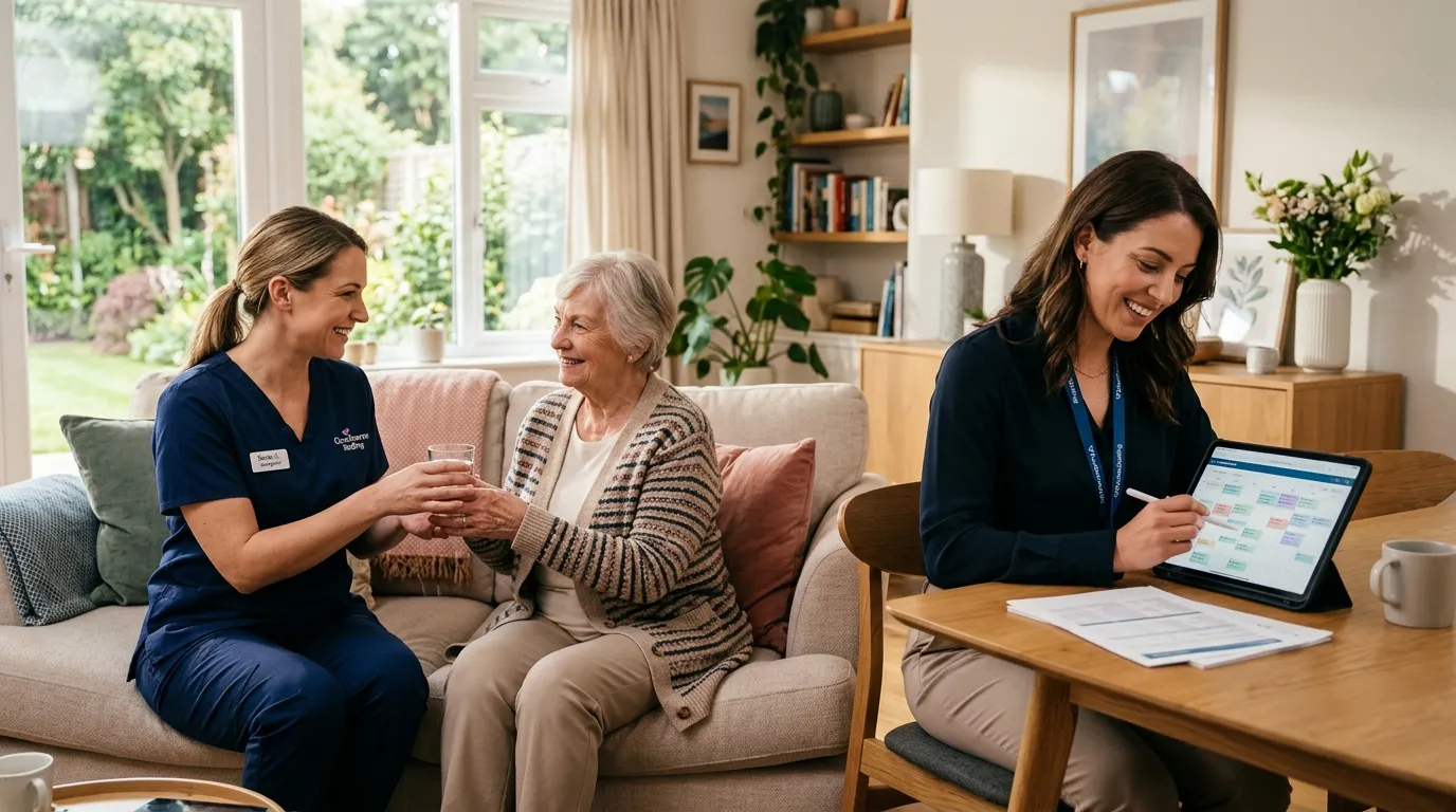 A warm, professional hero image showing a qualified home care worker assisting an older adult in a bright living room, with a recruiter reviewing schedules on a tablet, modern healthcare staffing, hopeful and trustworthy mood