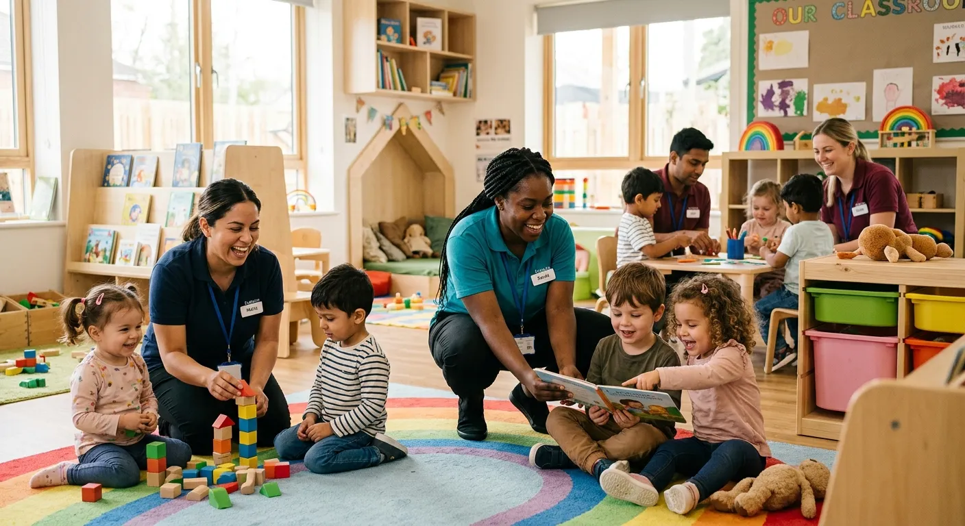 A warm, professional photo of a diverse team of nursery staff engaging with happy children in a brig... A warm, professional photo of a diverse team of nursery staff engaging with happy children in a bright, modern nursery setting. Focus on genuine interaction and a safe, nurturing environment.